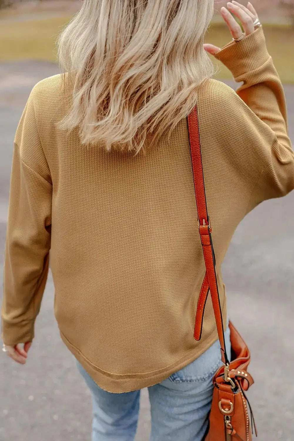 Waffle-Knit Half Button Round Neck Long Sleeve Top - Trendsi - Flyclothing LLC