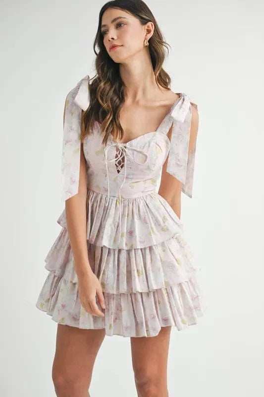 MABLE Floral Print Shoulder Tie Layered Mini Dress - Trendsi - Flyclothing LLC