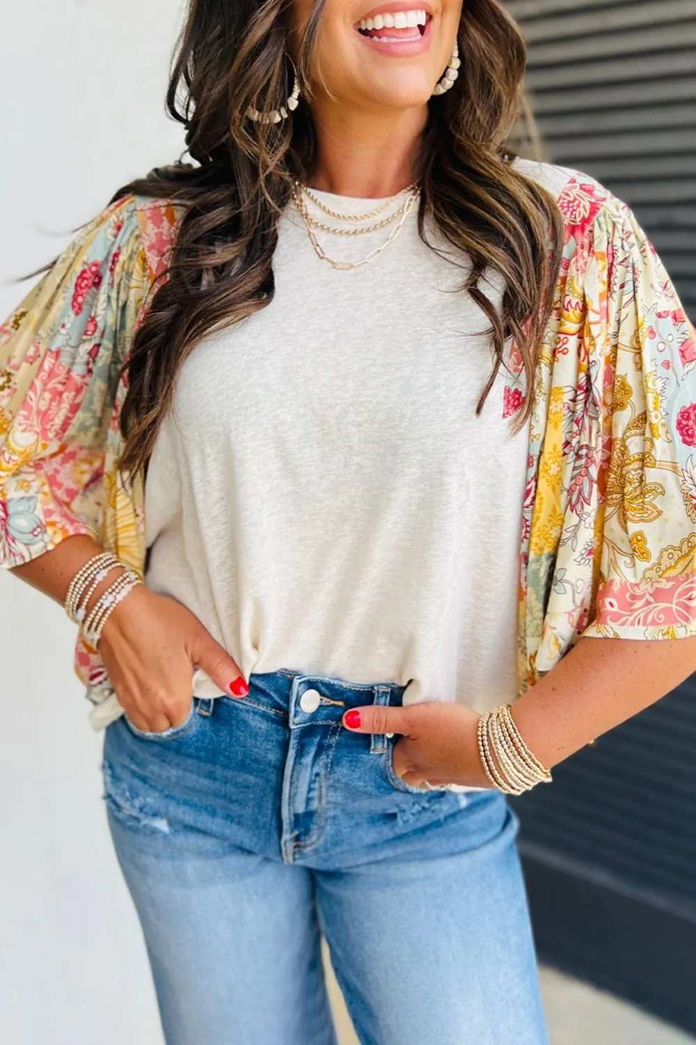 Printed Round Neck Flutter Sleeve Blouse - Trendsi - Flyclothing LLC