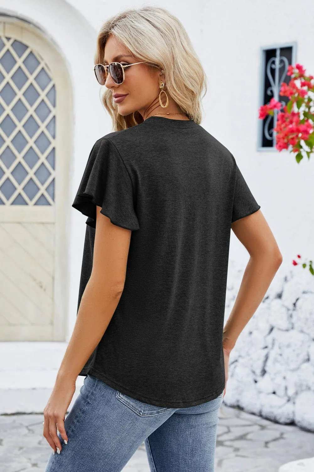 V-Neck Flutter Sleeve T-Shirt - Trendsi - Flyclothing LLC
