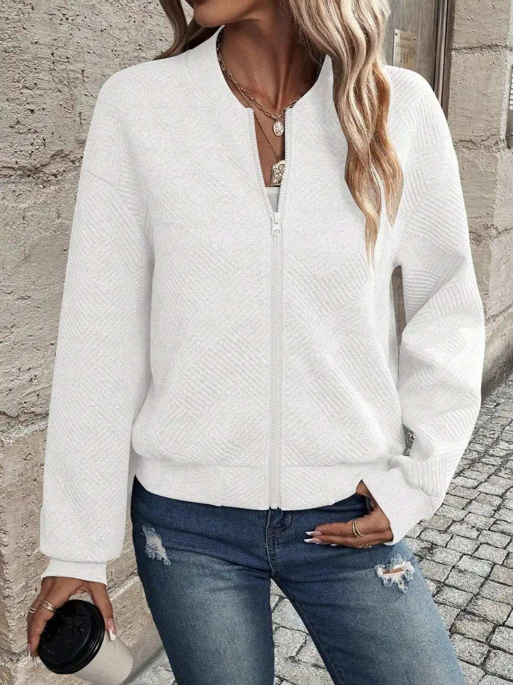 Textured Zip Up Long Sleeve Jacket - Trendsi - Flyclothing LLC