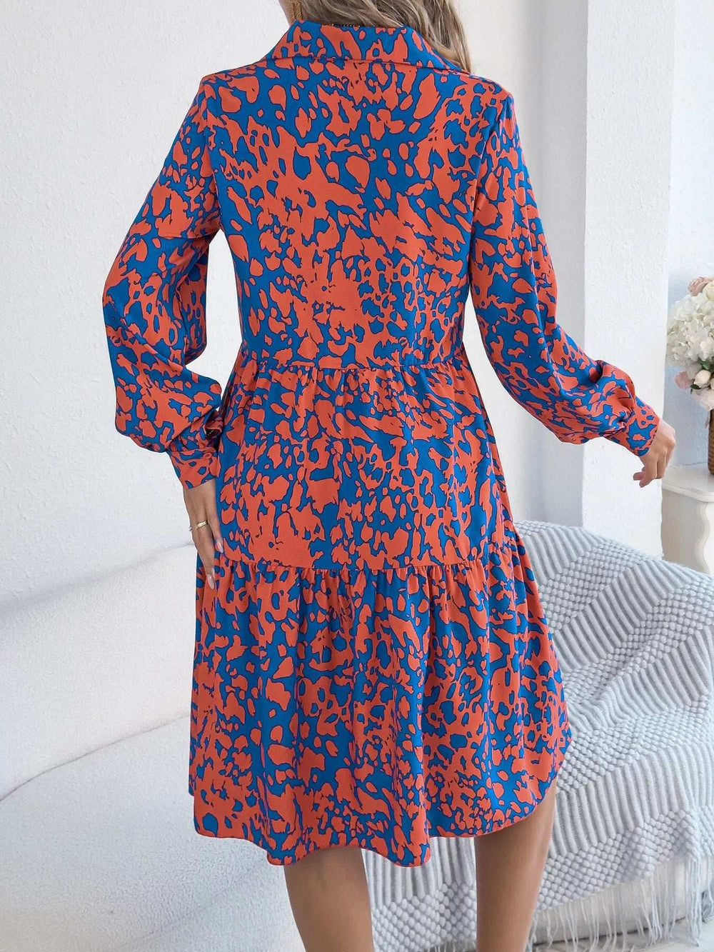 Printed Collared Neck Long Sleeve Dress - Trendsi - Flyclothing LLC