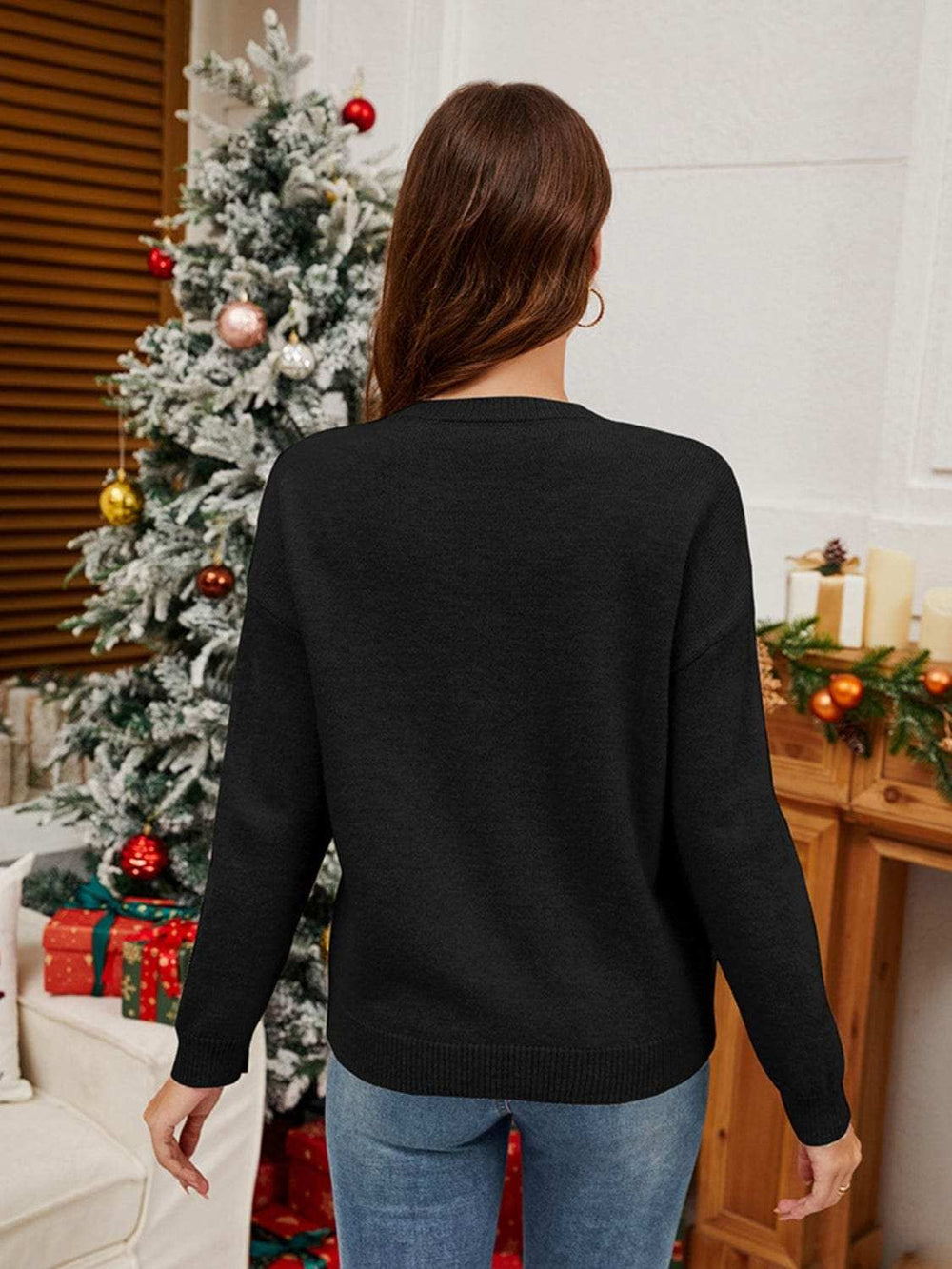Sequin Candy Cane Round Neck Long Sleeve Sweater - Trendsi - Flyclothing LLC