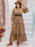 Plus Size Frill Tie Neck Long Sleeve Dress - Trendsi - Flyclothing LLC