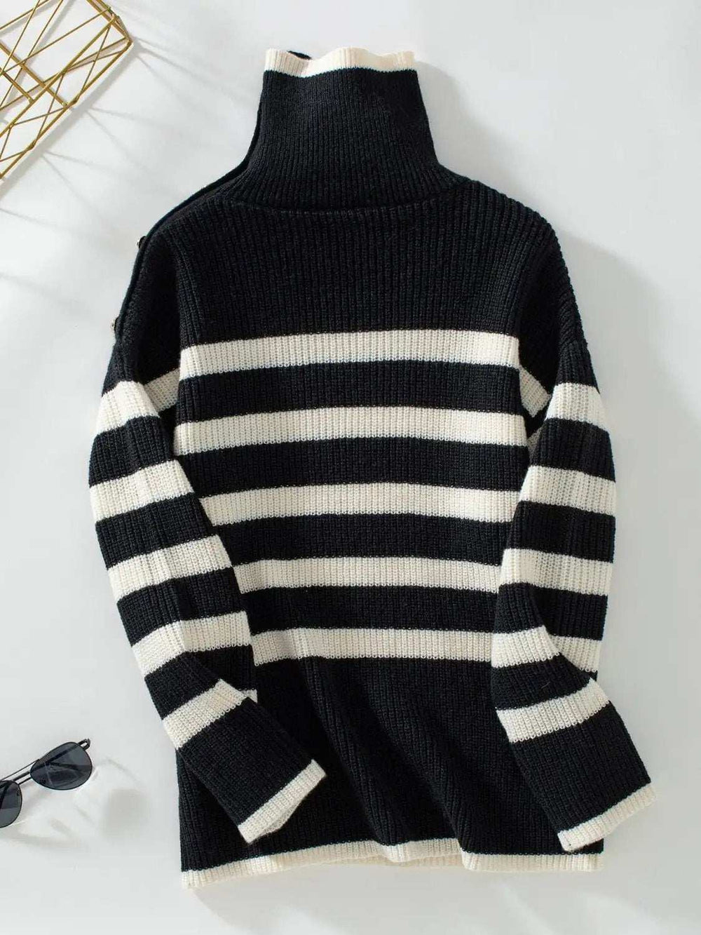 Buttoned Striped Long Sleeve Sweater - Trendsi - Flyclothing LLC