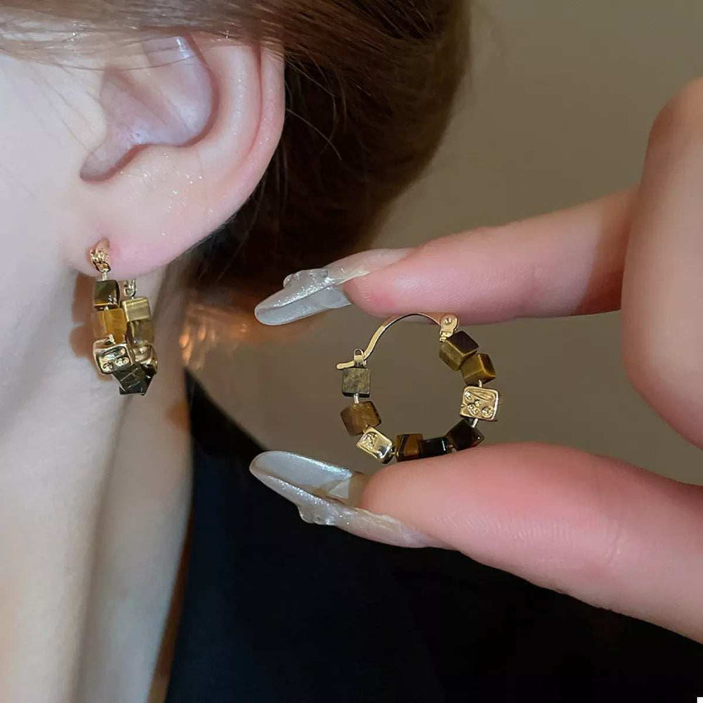 Tiger's Eye 18K Gold-Plated Copper Geometric Earrings - Trendsi - Flyclothing LLC