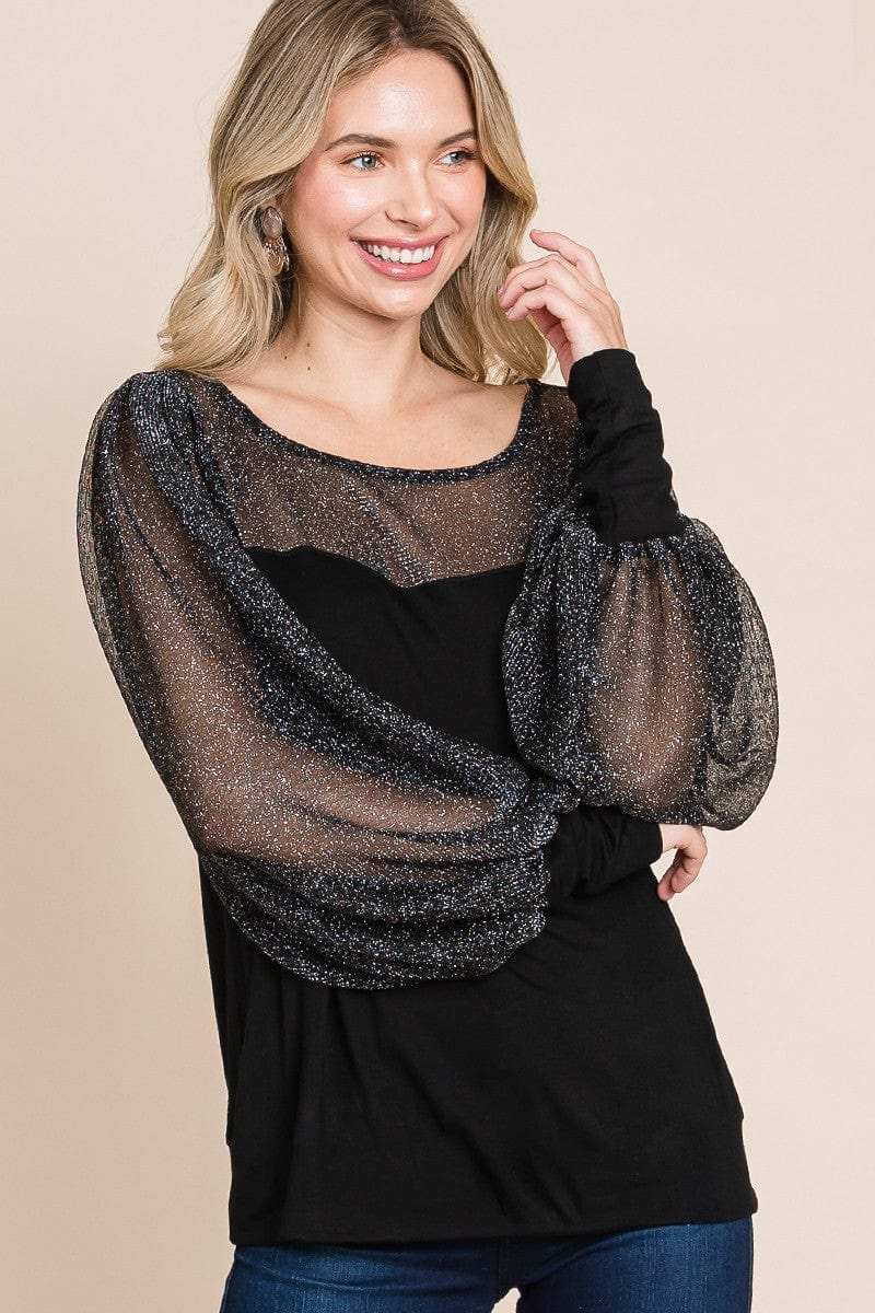 Super Lady Full Size Metallic Mesh Lantern Sleeve Blouse - Trendsi - Flyclothing LLC