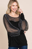 Super Lady Full Size Metallic Mesh Lantern Sleeve Blouse - Trendsi - Flyclothing LLC