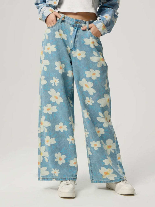 Pocketed Floral Wide Leg Jeans - Trendsi - Flyclothing LLC
