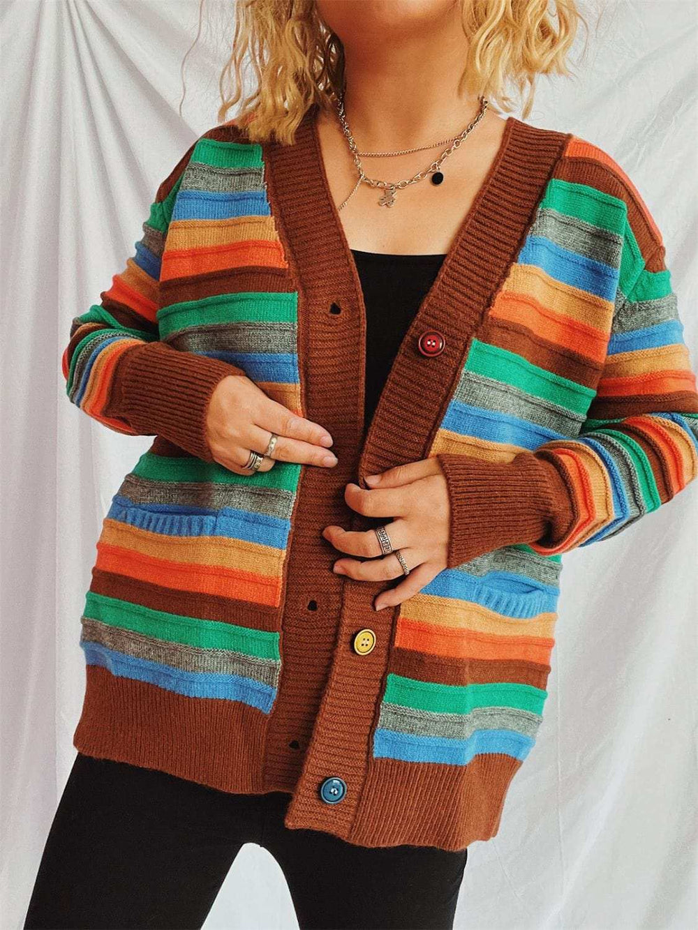 Contrast Stripes Button Up Long Sleeve Cardigan - Trendsi - Flyclothing LLC