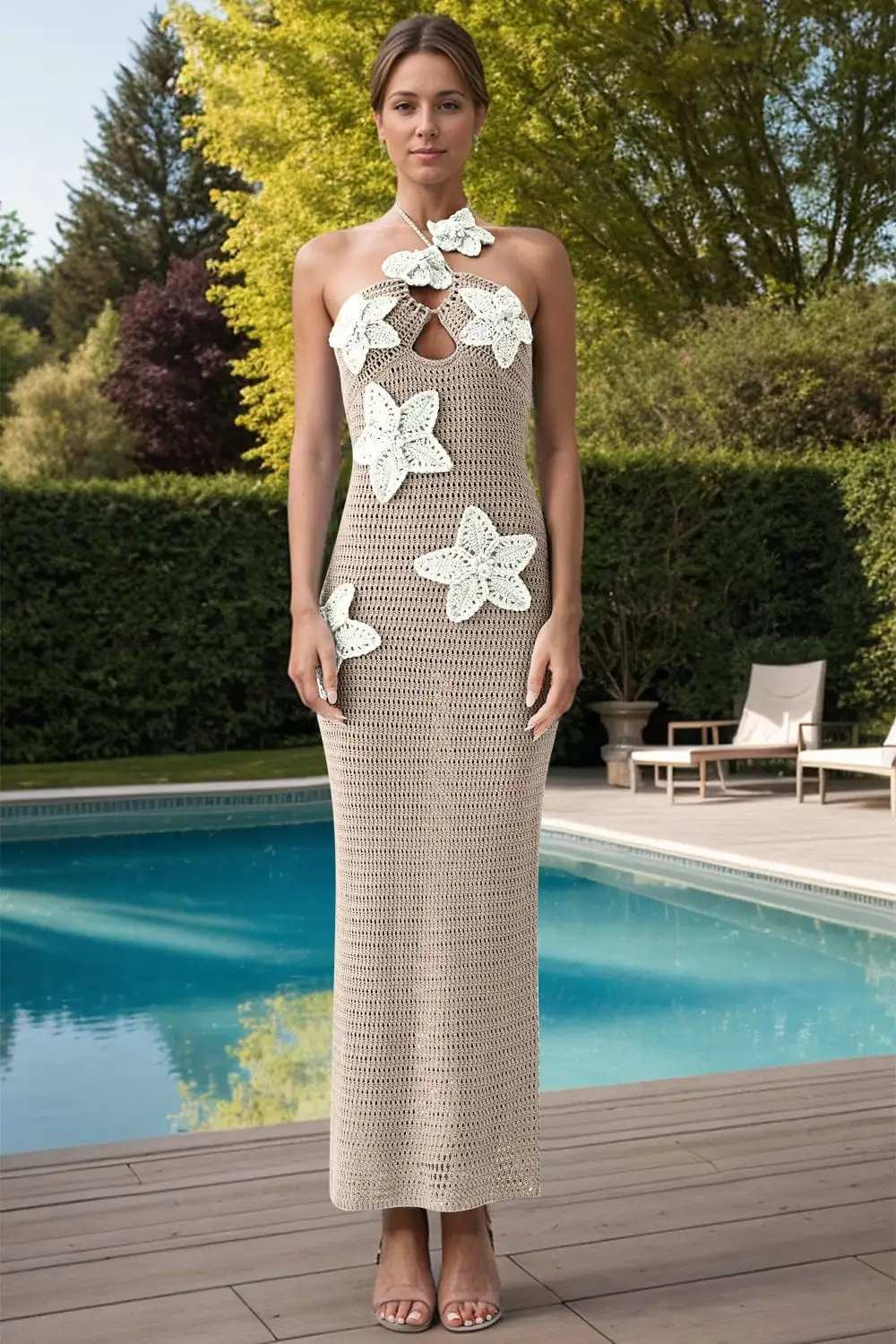 Crochet Flower Halter Neck Knit Dress - Trendsi - Flyclothing LLC