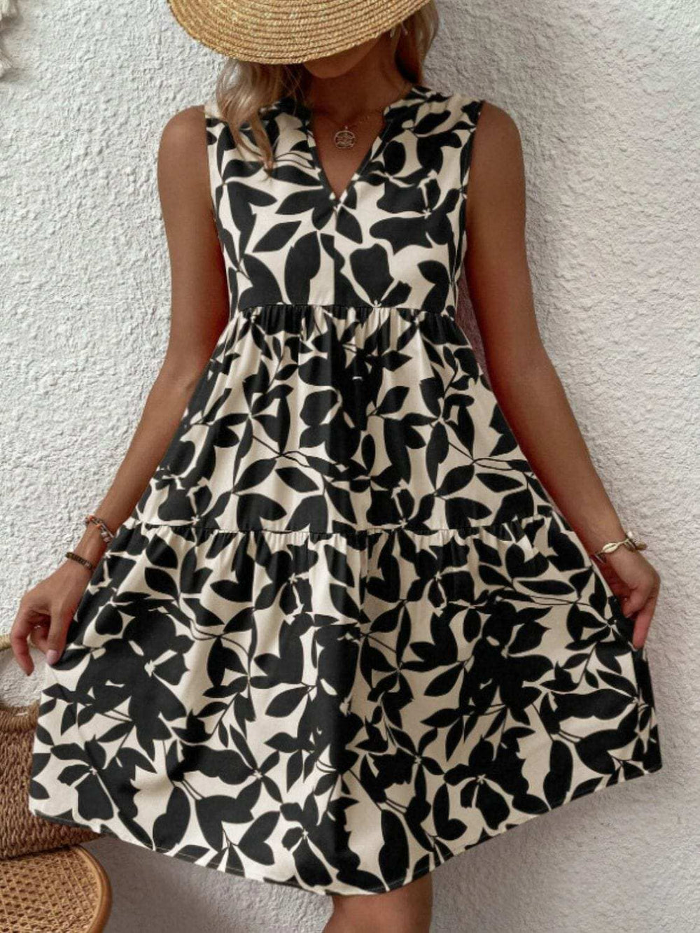 Printed Notched Sleeveless Mini Dress - Trendsi - Flyclothing LLC