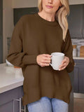 Slit Round Neck Dropped Shoulder Sweater - Trendsi - Flyclothing LLC
