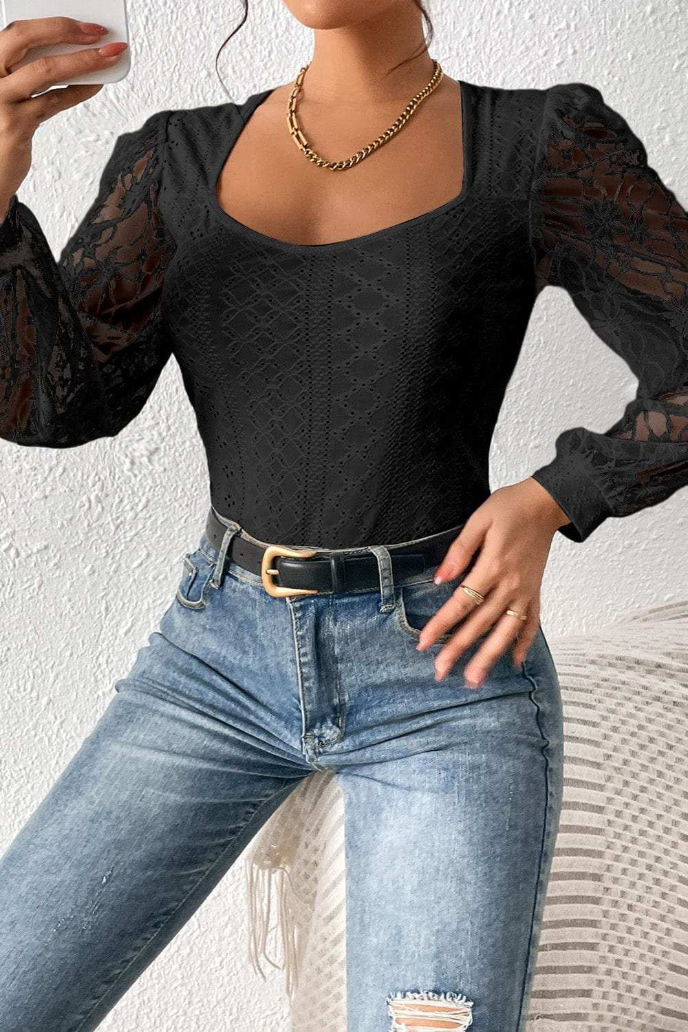 Eyelet Lace Long Sleeve Bodysuit - Trendsi - Flyclothing LLC
