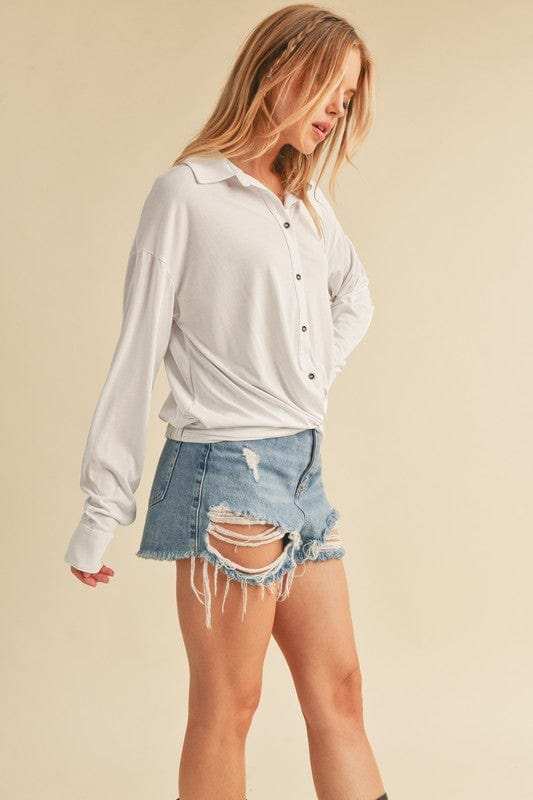 Aemi + Co Twisted Hemline Button Detail Collared Neck Top - Trendsi - Flyclothing LLC