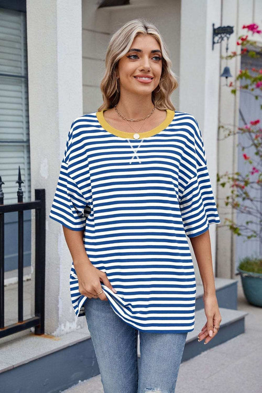 Contrast Striped Round Neck Half Sleeve T-Shirt - Trendsi - Flyclothing LLC