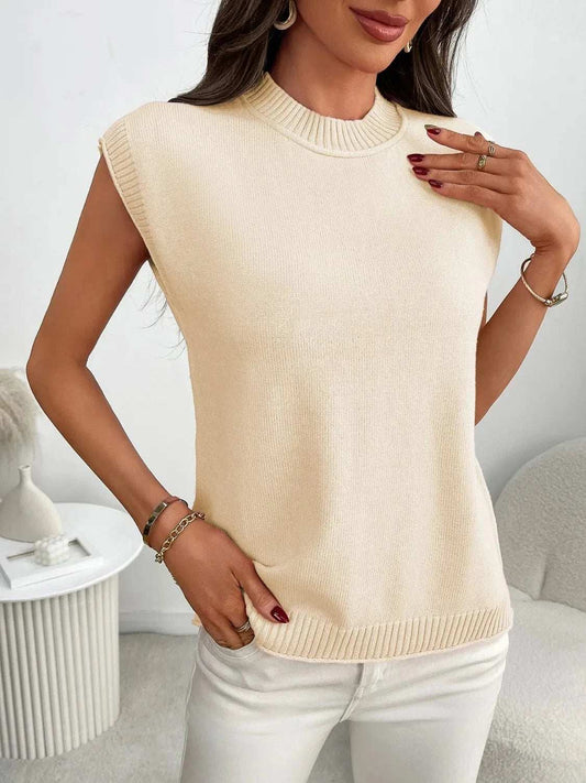 Mock Neck Cap Sleeve Knit Top - Trendsi - Flyclothing LLC