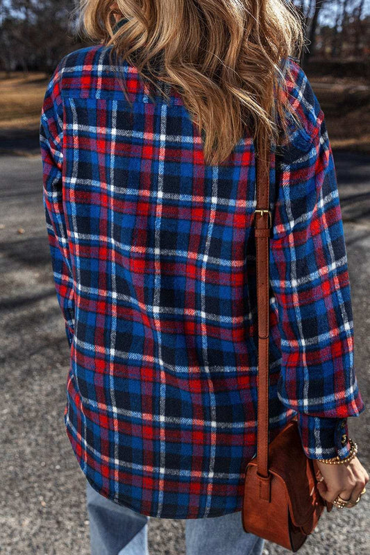 Pocketed Plaid Collared Neck Long Sleeve Shacket - Trendsi - Flyclothing LLC