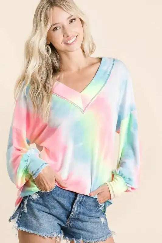 BiBi Tie Dye French Terry V-Neck Top with Puff Sleeves - Trendsi - Flyclothing LLC