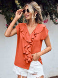 Ruffled V-Neck Short Sleeve Blouse - Trendsi - Flyclothing LLC