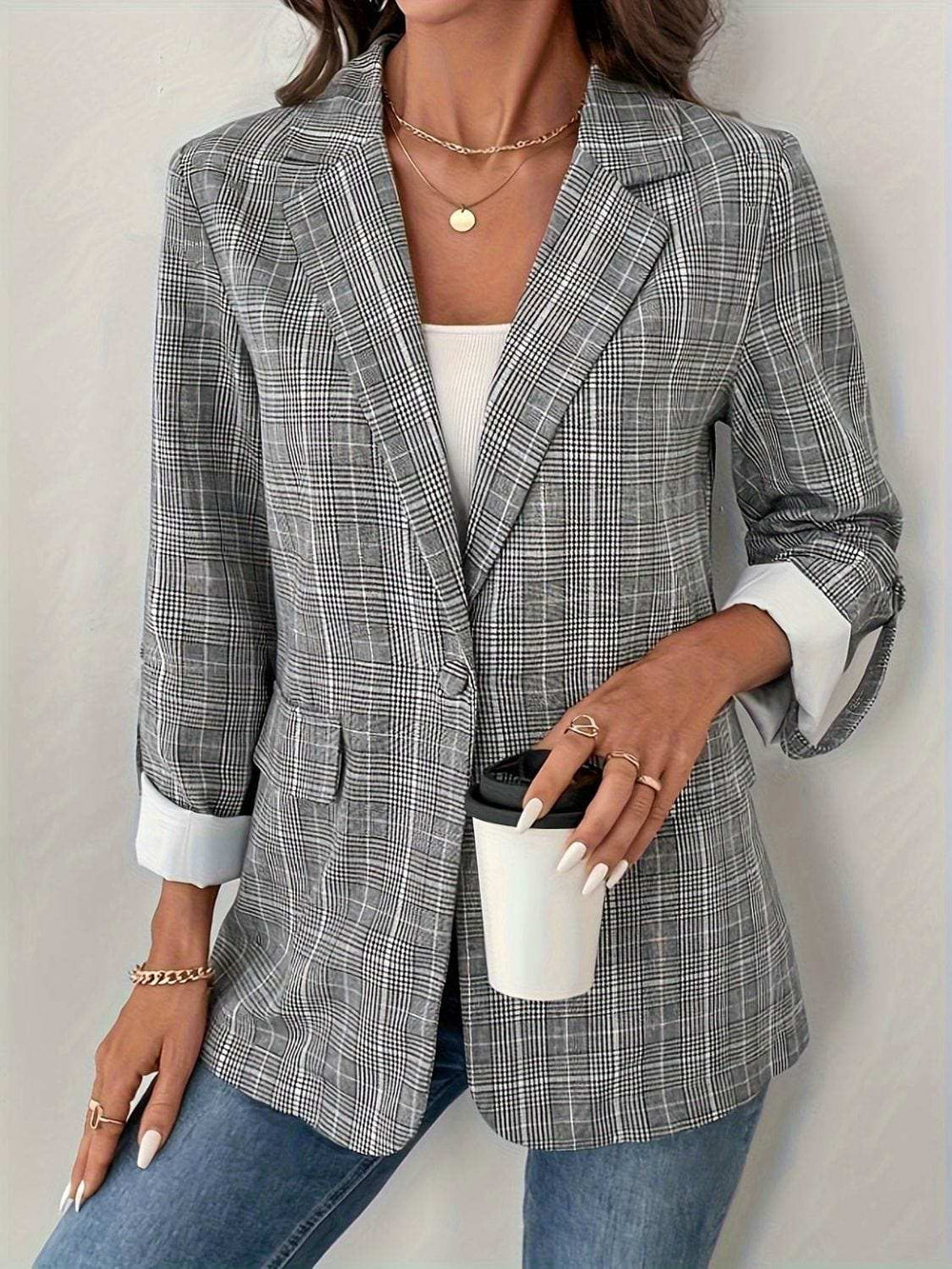 Single-Breasted Lapel Collar Plaid Blazer - Trendsi - Flyclothing LLC