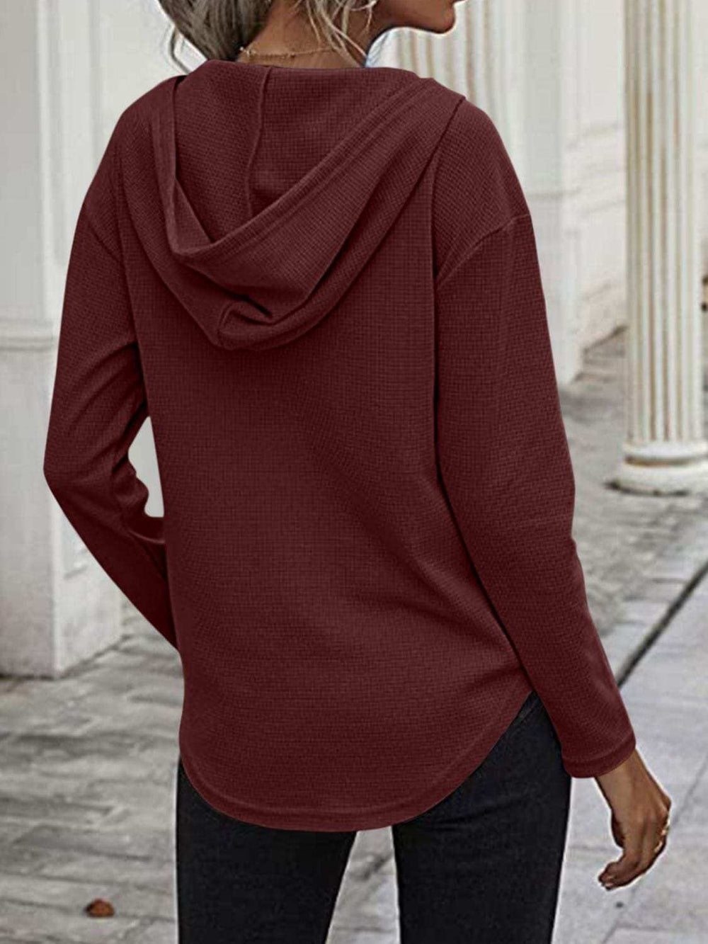 Drawstring Waffle Knit Long Sleeve Hooded Top - Trendsi - Flyclothing LLC