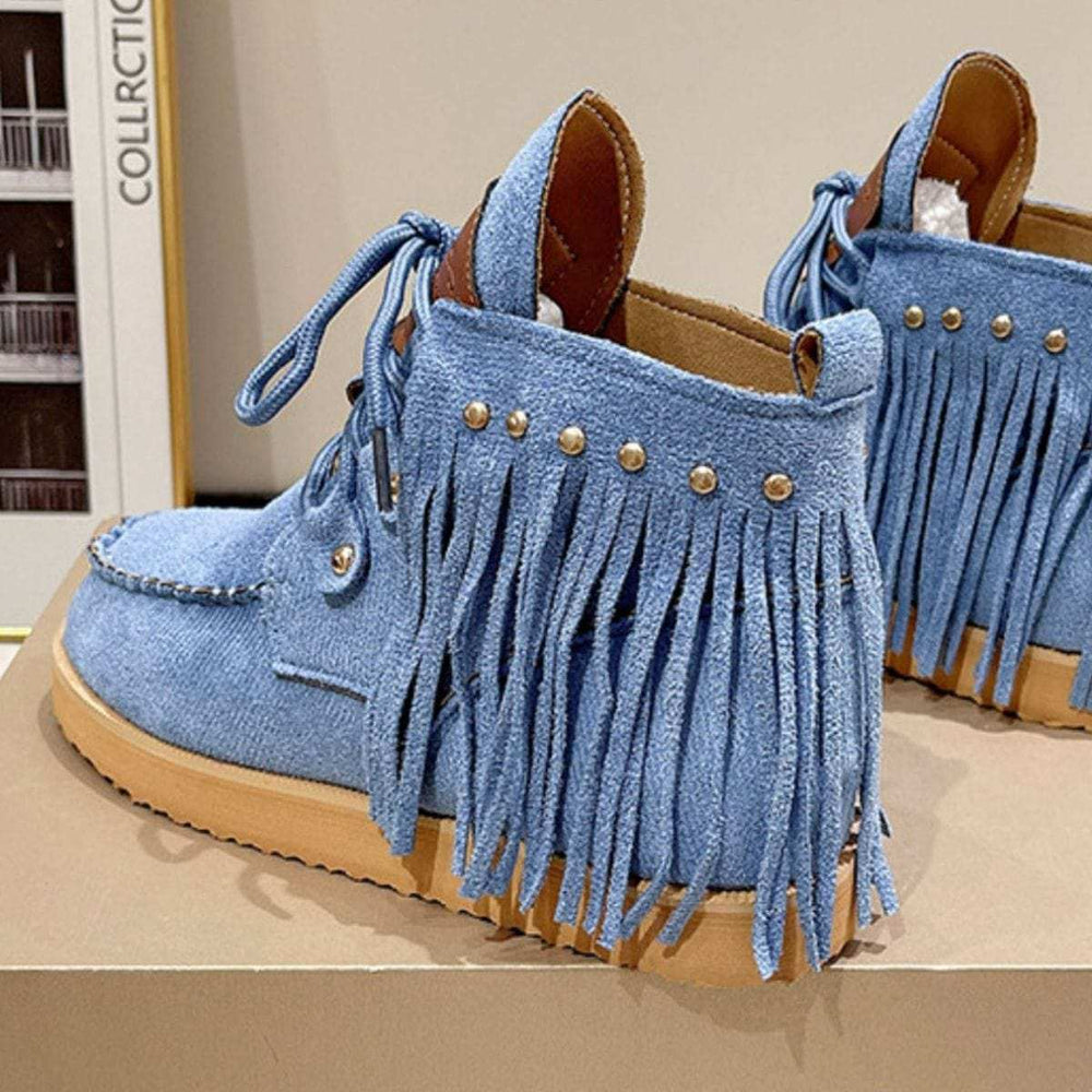Fringe Studded Round Toe Canvas Boots - Trendsi - Flyclothing LLC