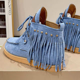 Fringe Studded Round Toe Canvas Boots - Trendsi - Flyclothing LLC