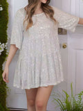 Sequin Round Neck Half Sleeve Mini Dress - Trendsi - Flyclothing LLC