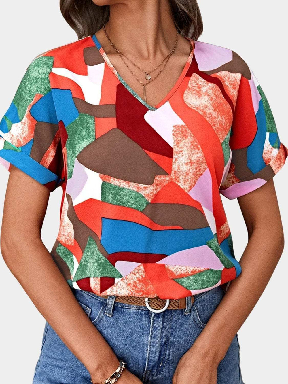 Printed V-Neck Short Sleeve Blouse - Trendsi - Flyclothing LLC