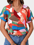 Printed V-Neck Short Sleeve Blouse - Trendsi - Flyclothing LLC