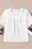 Lace Patchwork Tie Neck Short Sleeve Blouse - Trendsi - Flyclothing LLC