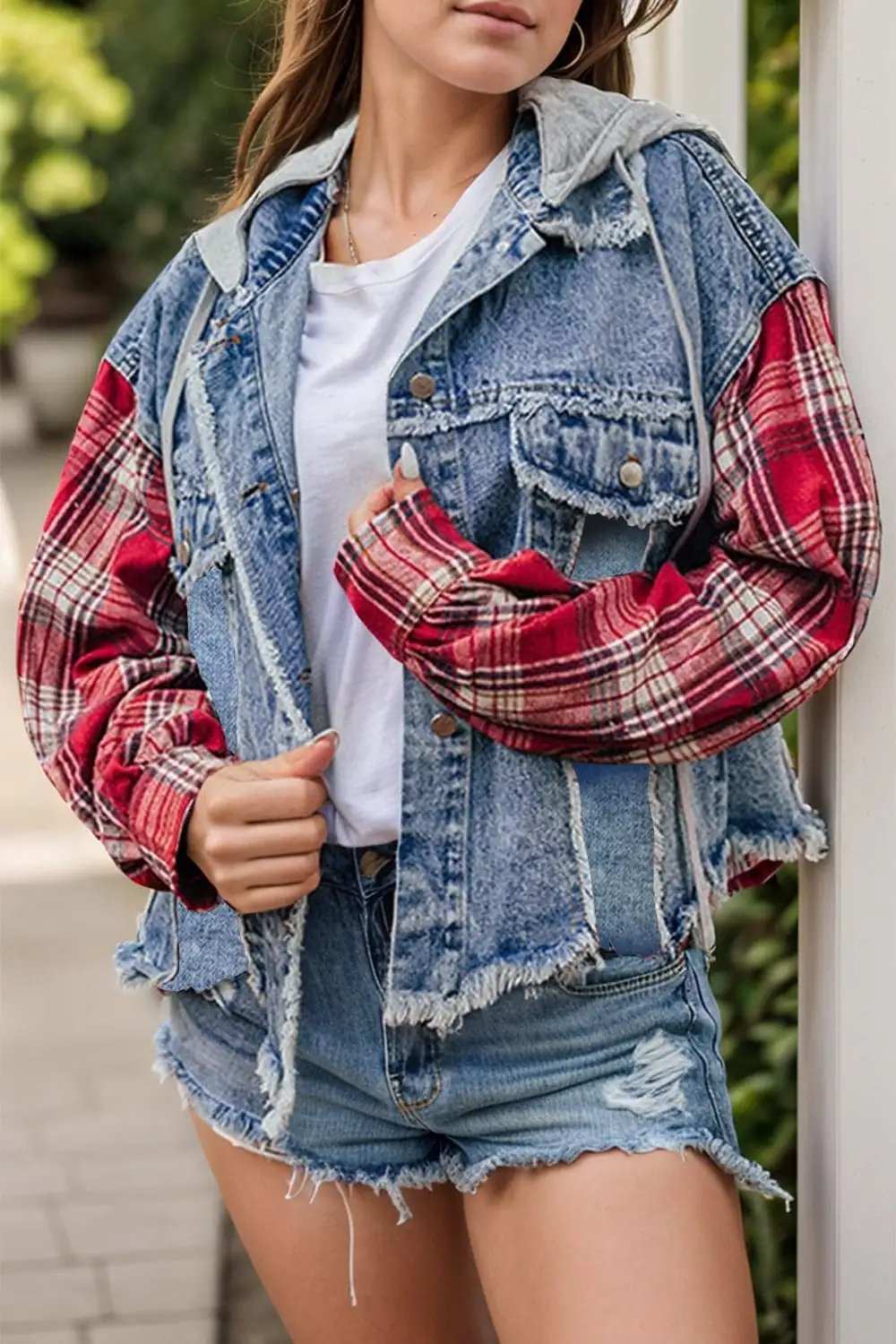 Raw Hem Drawstring Plaid Denim Jacket - Trendsi - Flyclothing LLC