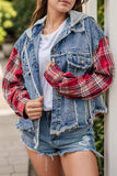 Raw Hem Drawstring Plaid Denim Jacket - Trendsi - Flyclothing LLC