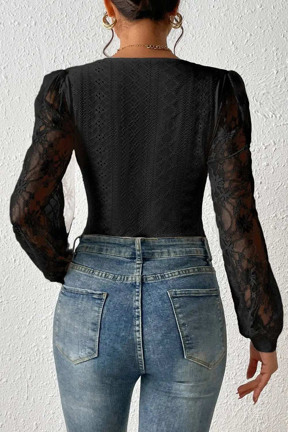 Eyelet Lace Long Sleeve Bodysuit - Trendsi - Flyclothing LLC