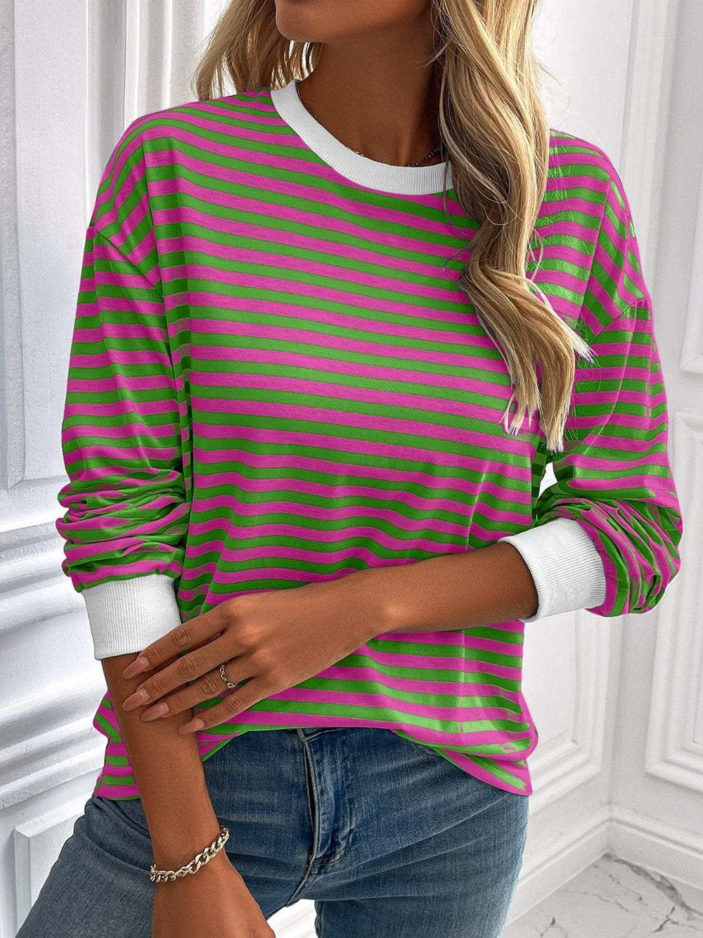 Ivy Lane Striped Round Neck Long Sleeve Sweatshirt - Trendsi - Flyclothing LLC