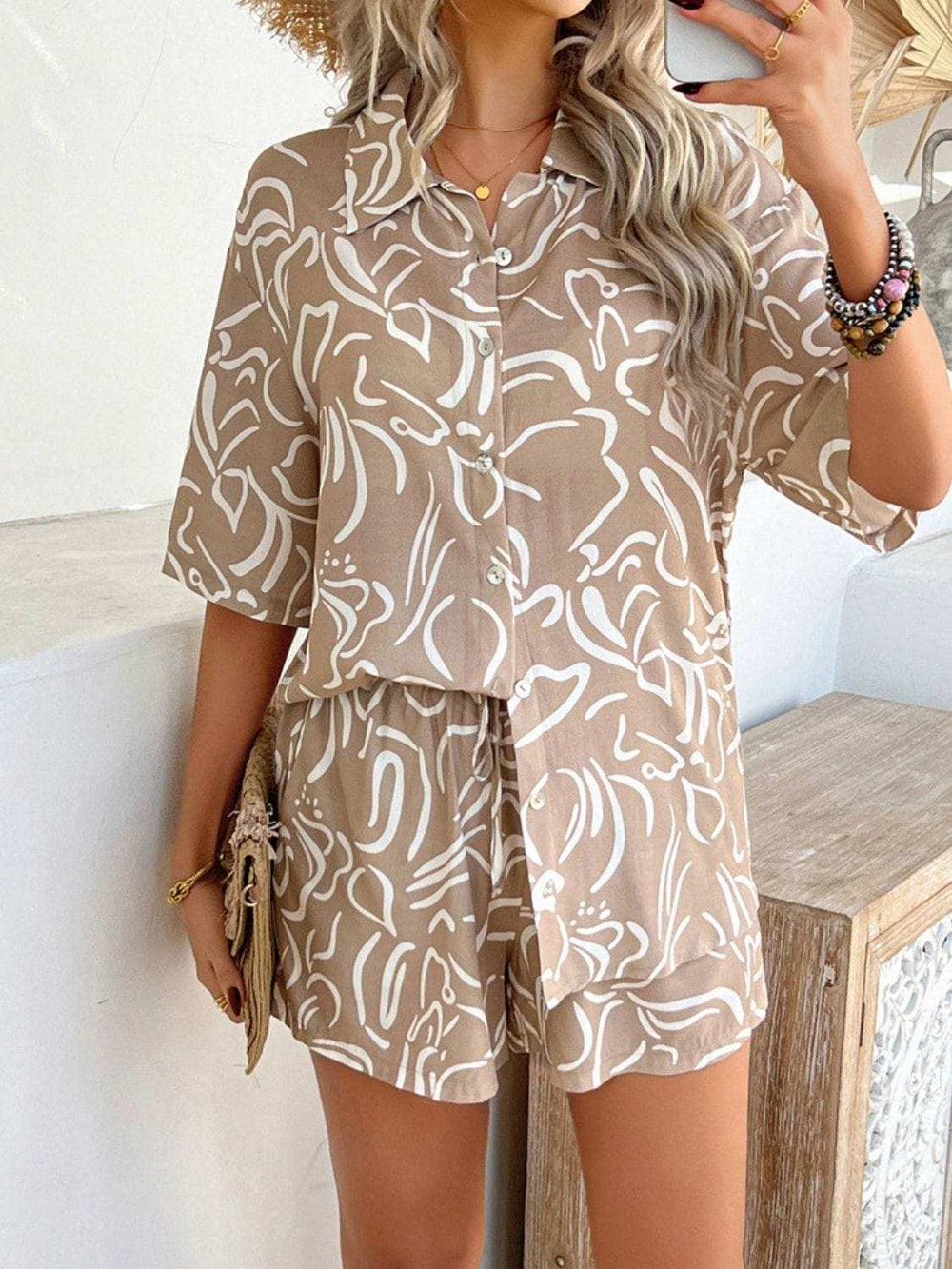 Devine Printed Collared Neck Half Sleeve Top and Shorts Set - Trendsi - Flyclothing LLC