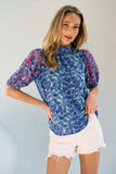 Hailey & Co Embroidered Puff Sleeve Printed Blouse - Trendsi - Flyclothing LLC