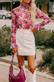 Floral Turtleneck Flounce Sleeve Blouse - Trendsi - Flyclothing LLC