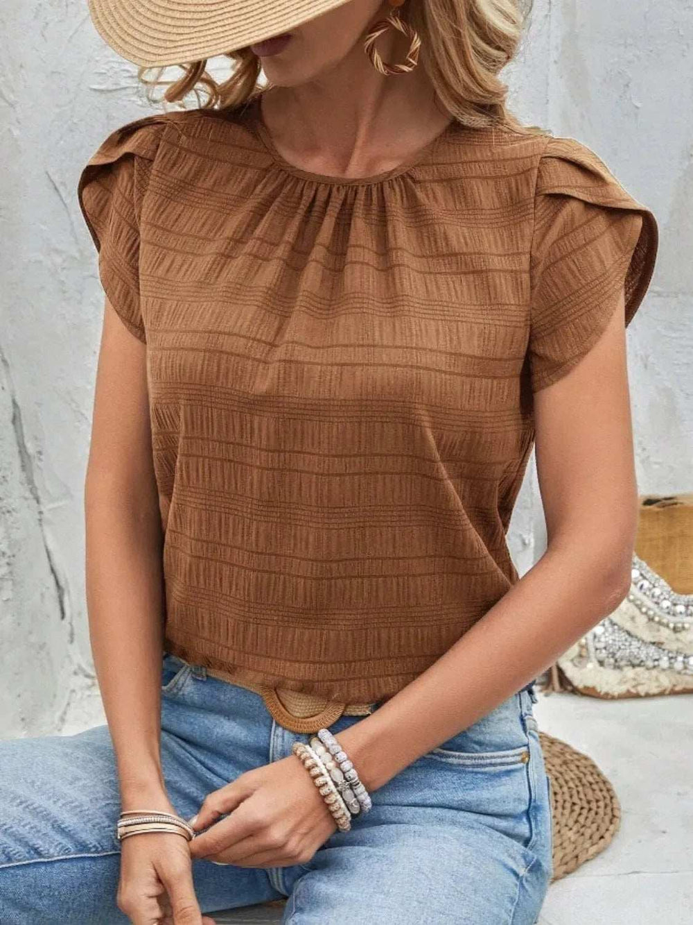 Round Neck Petal Sleeve Top - Trendsi - Flyclothing LLC