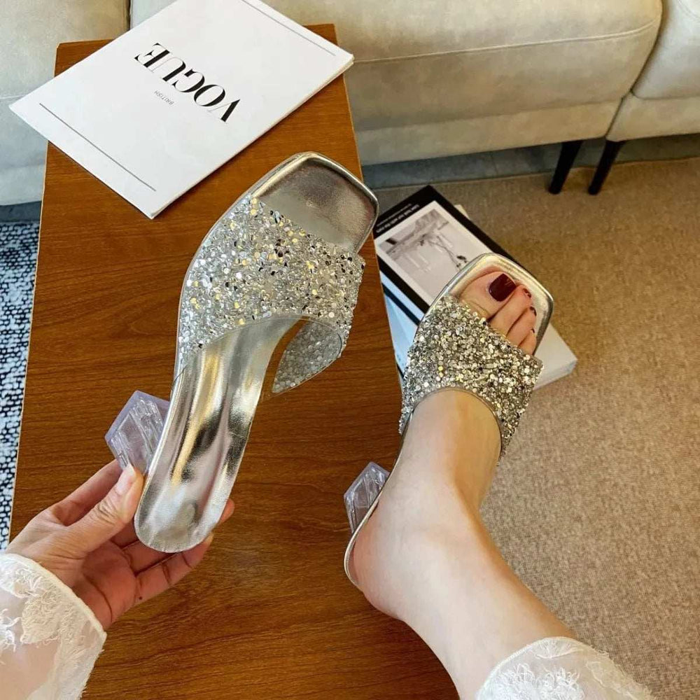 Rhinestone Open Toe Block Heel Sandals - Trendsi - Flyclothing LLC