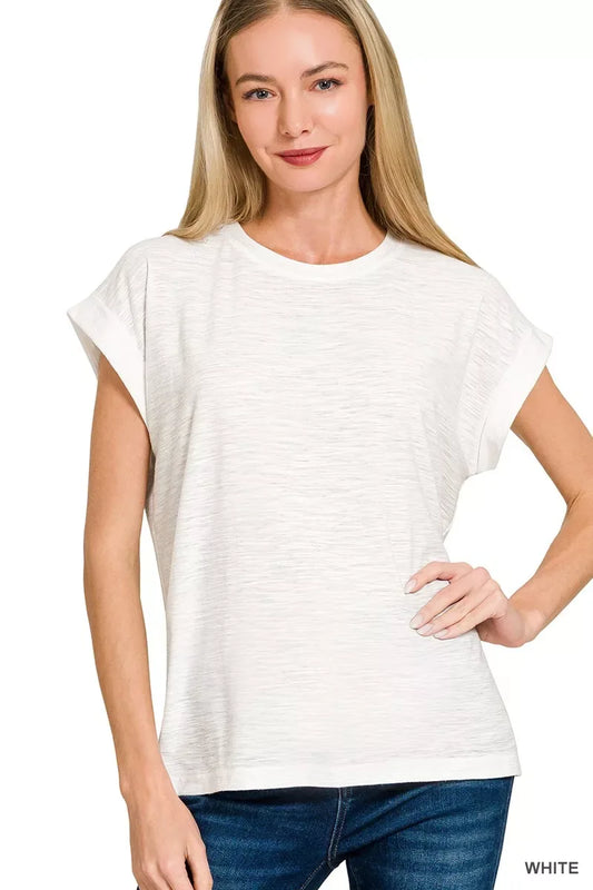 Zenana Slub Cuffed Sleeve Tee - Trendsi - Flyclothing LLC
