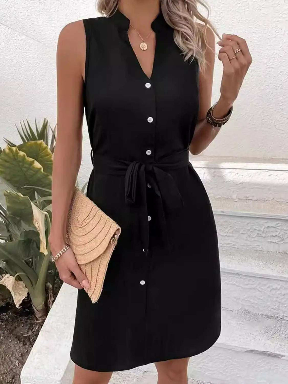 Tied Buttoned Up Notched Sleeveless Dress - Trendsi - Flyclothing LLC