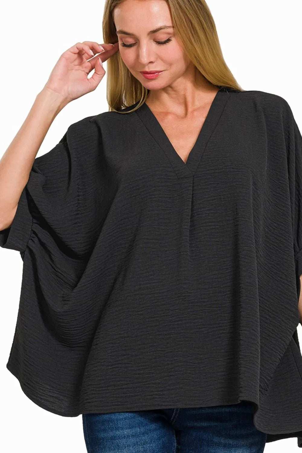 Zenana Woven Airflow V-neck Puff Half Sleeve Top - Trendsi - Flyclothing LLC