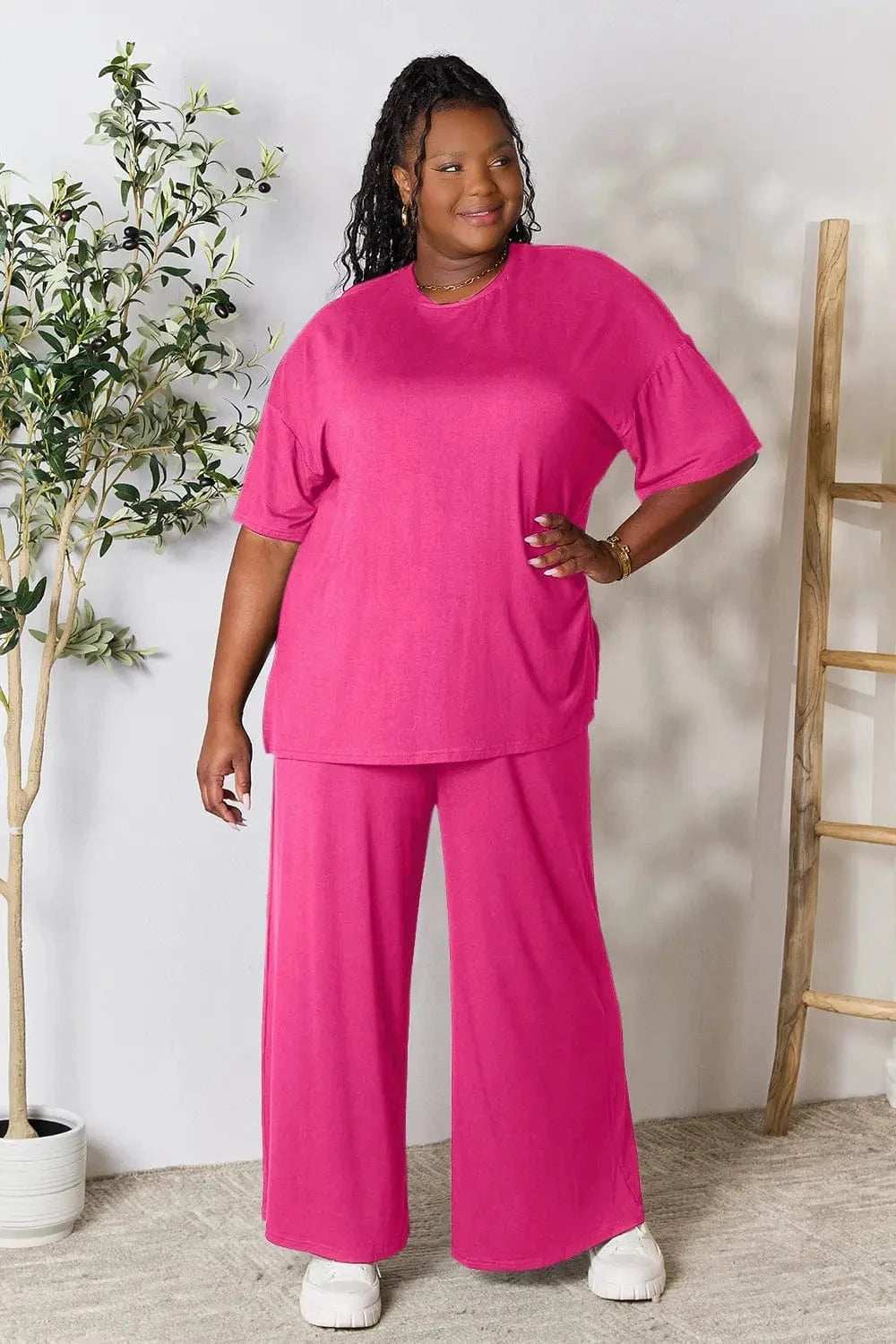 Double Take Full Size Round Neck Slit Top and Pants Set - Trendsi - Flyclothing LLC