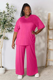 Double Take Full Size Round Neck Slit Top and Pants Set - Trendsi - Flyclothing LLC