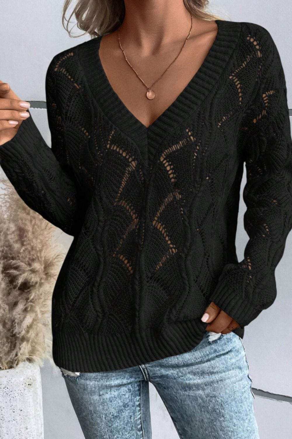 Openwork V-Neck Long Sleeve Sweater - Trendsi - Flyclothing LLC