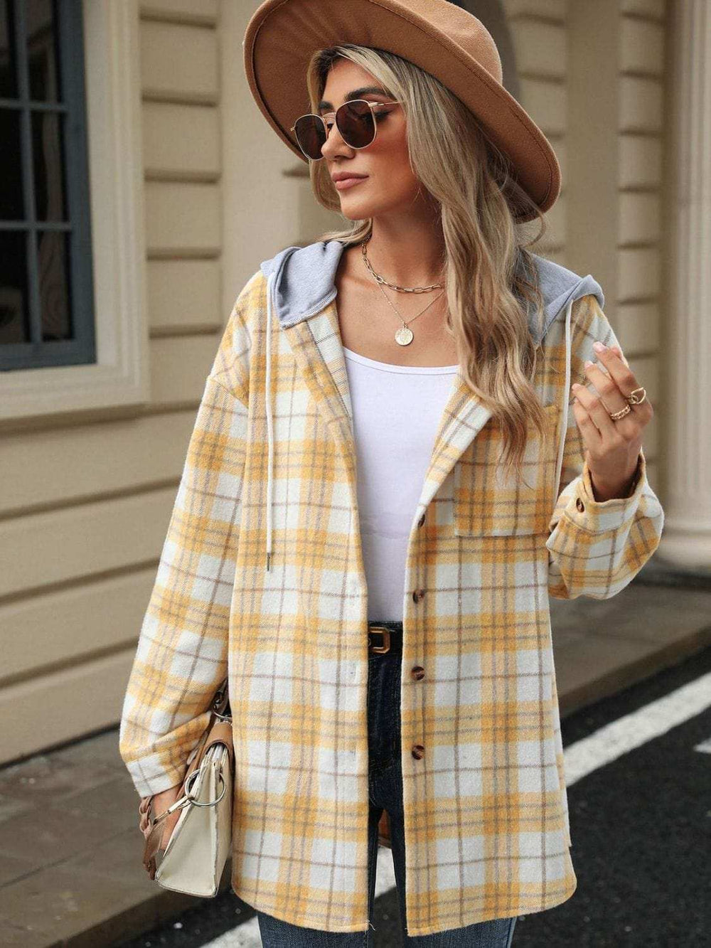Drawstring Plaid Button Up Hooded Jacket - Trendsi - Flyclothing LLC