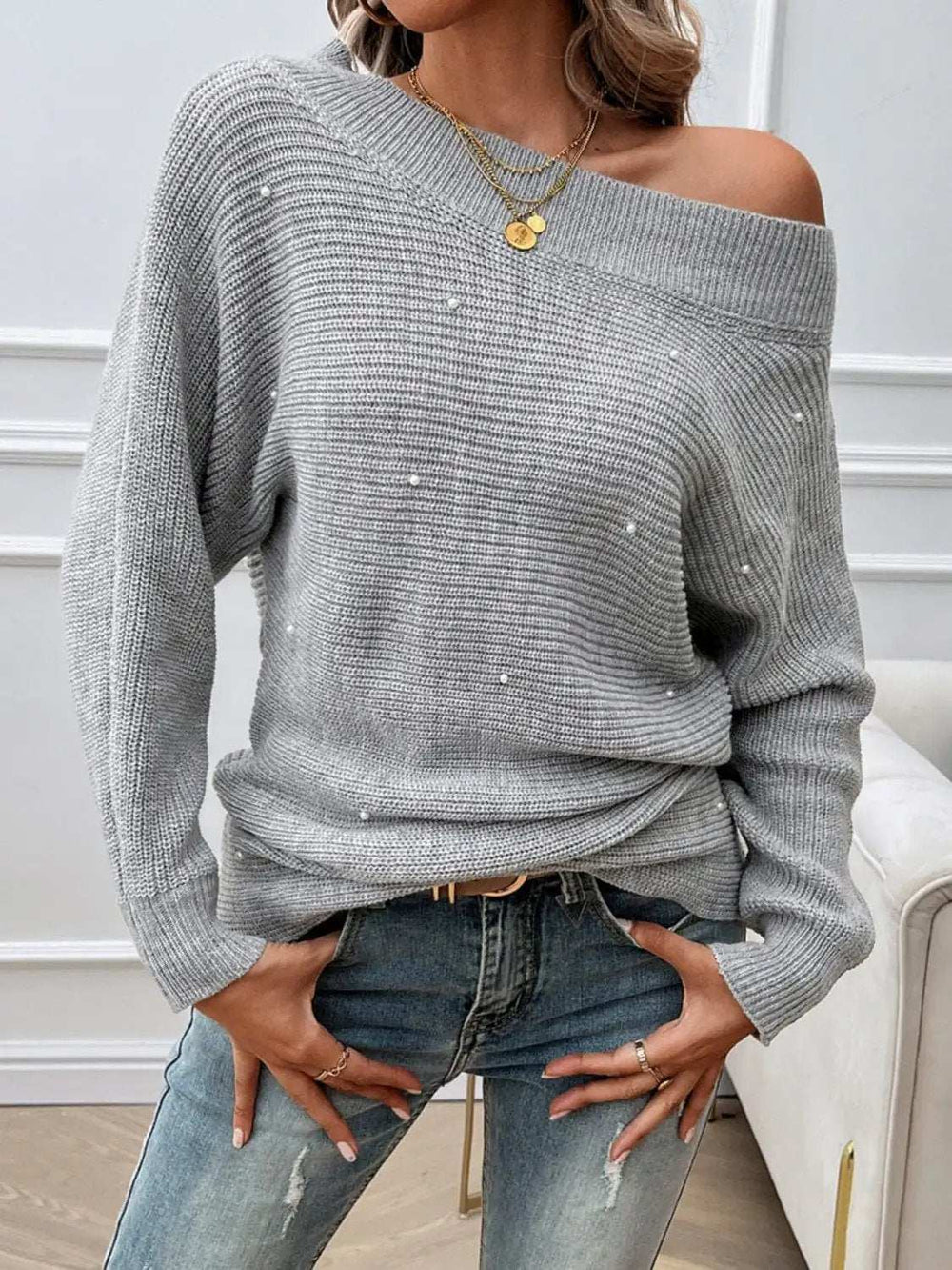 Devine Pearl Detail Long Sleeve Sweater - Trendsi - Flyclothing LLC
