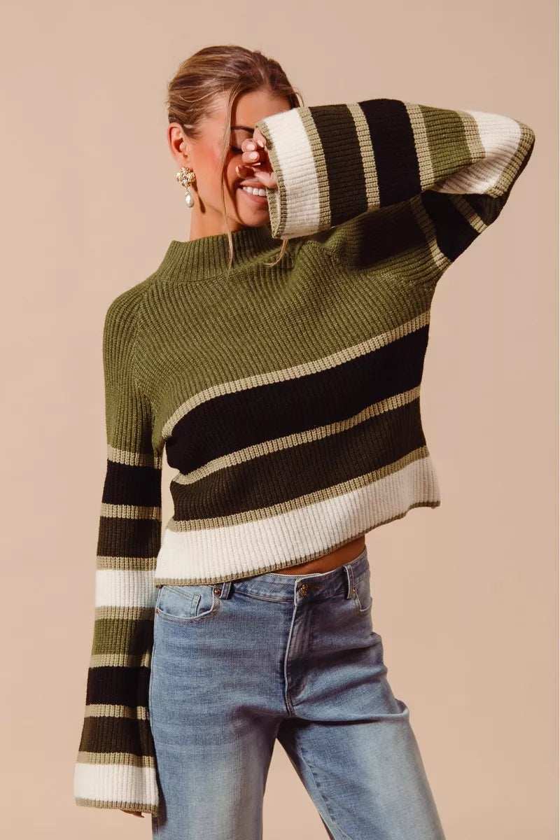 SO ME Multi Color Striped Mock Neck Sweater - Trendsi - Flyclothing LLC